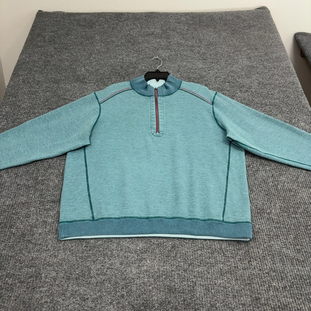 Tommy Bahama Pullover Mens Teal Ribbed Quarter Zip Mock Neck Coastal Casual
